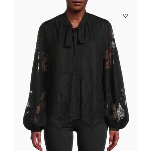 UNGARO Jada Lace Bow Blouse Shirt XXL Black NEW Designer Delicate Feminine